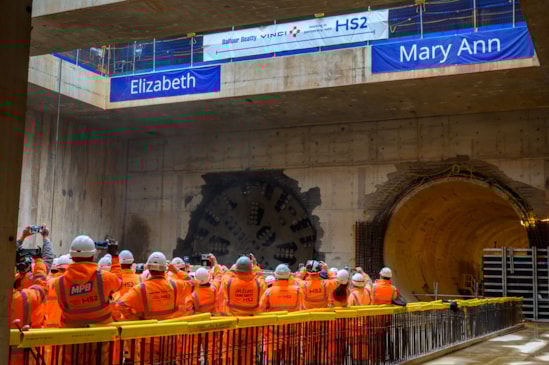HS2 staff watching the break through of Elizabeth, the second of two TBMs to breakthrough at Washwood Heath Oct 2025