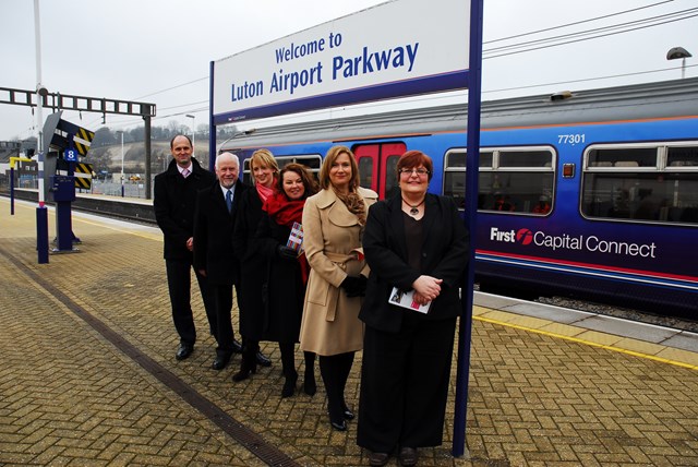 Luton Airport Parkway extended platforms opening: From left to right: Andrew Duffin (Network Rail), Kelvin Hopkins MP, Elain Holt (First Capital Connect), Margaret Moran MP, Natalie Raper (London Luton Airport), Cllr Hazel Simmons