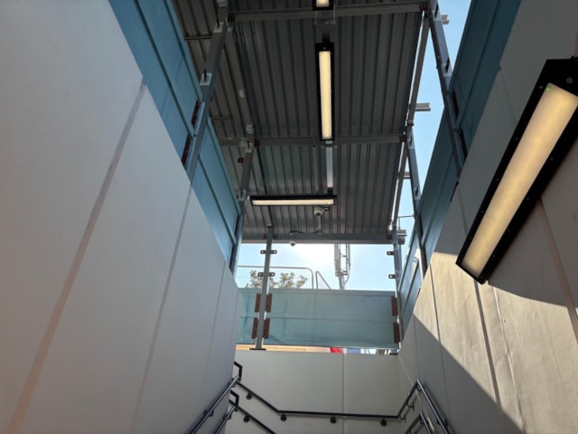 New canopy and lighting above Warwick station subway entrance: New canopy and lighting above Warwick station subway entrance