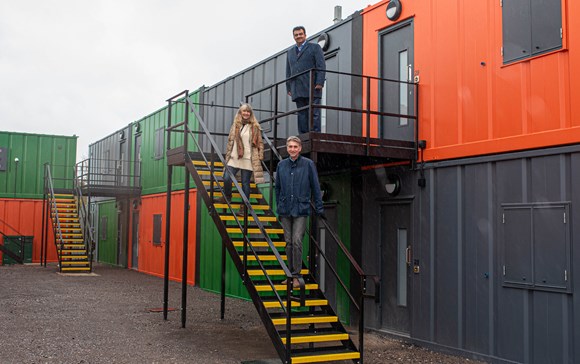 Abbey ward councillors (top to bottom) Mohammed Ayub, Karen Rowland and Tony Page at the 40 modular home site in Reading to help give homeless people independence. Credit: Jo Lenny / St Mungo's