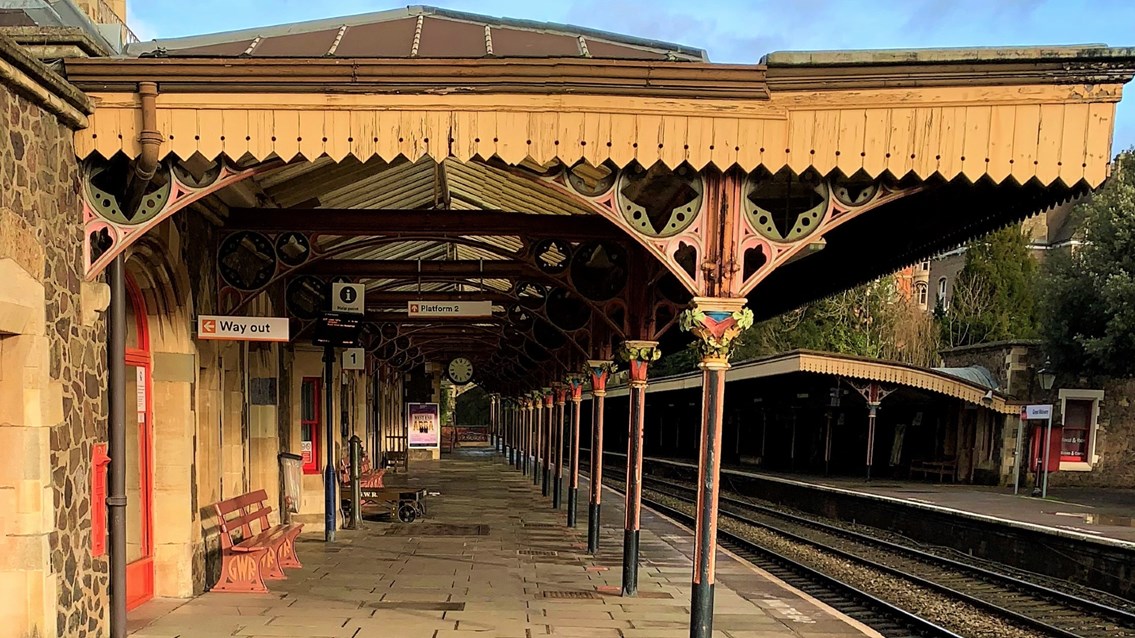Historic platform canopies to be restored at Great Malvern station: Great Malvern station clock from the platform