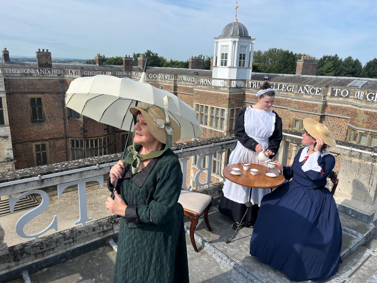 Rooftop tea at Temple Newsam: Members of the house team donned 19th century costumes and took to the rooftop to take tea in style, surrounded by breath-taking views of the sprawling estate.
They were launching a new programme of summer events, giving visitors a taste of what life was like for the generations of servants who lived and worked at Temple Newsam over hundreds of years.