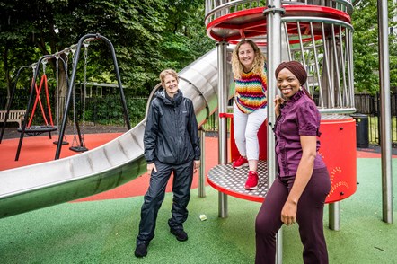 Cllr Rowena Champion, Cllr Una O'Halloran, Cllr Michelline Safi Ngongo at the new playground on the Finsbury Estate