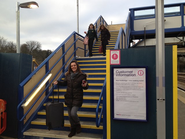 NEW FOOTBRIDGE AT HUNTINGDON STATION: Passengers using new footbridge