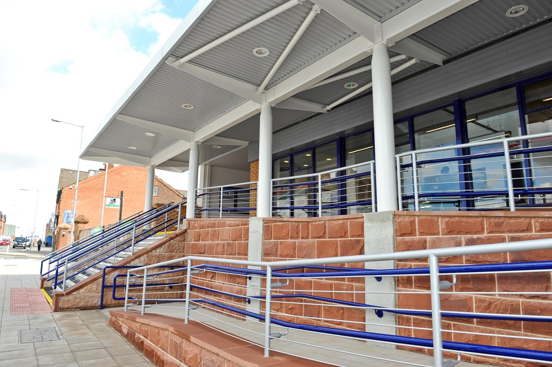 Warrington Central: Warrington Central was the 150th station to be completed under the DfT's NSIP scheme. The new facilities, which included a completely new station entrance, ticket office and booking hall, were officially opened Transport Minister Rt Hon Theresa Villiers MP on 7 July 2011<br /><br />Photo courtesy of First TransPennine Express