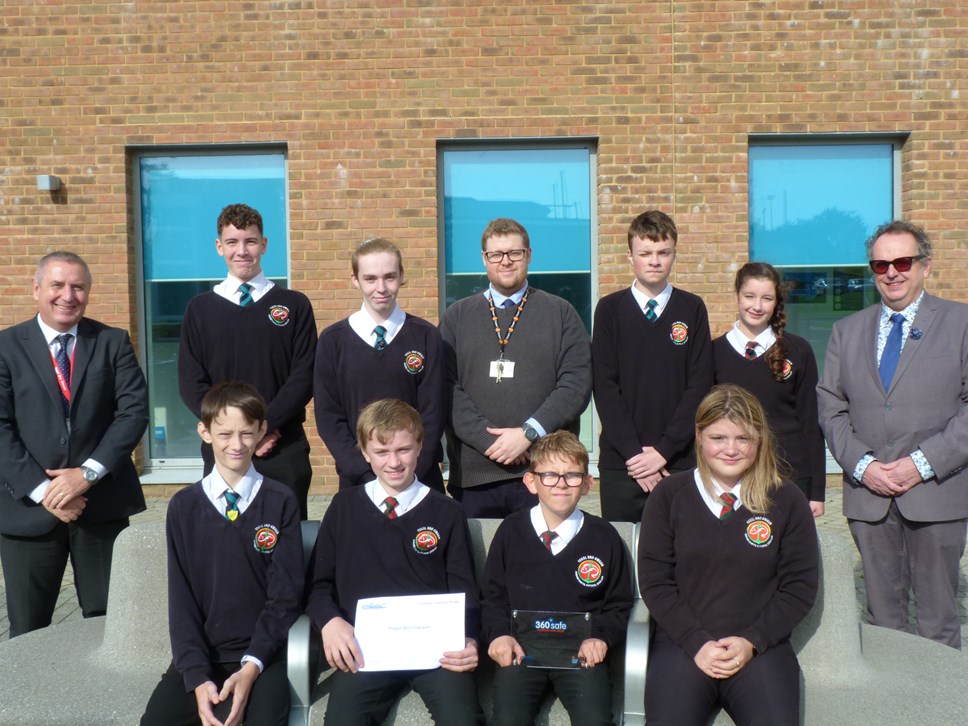 Ysgol Bro Gwaun pupils with headteacher Paul Edwards and Director of Education Steven Richard-Downs