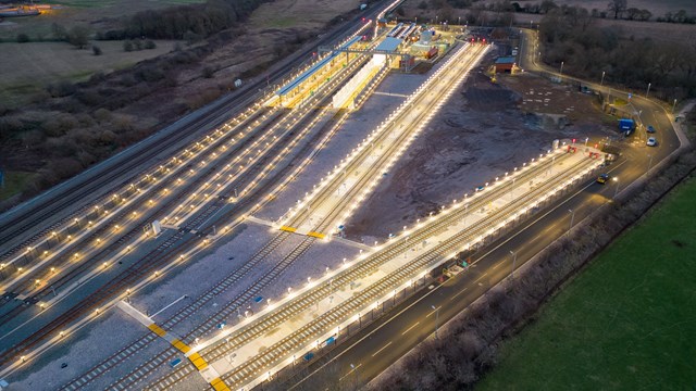 Time-lapse and drone shots show Banbury train depot upgrade: Twilight drone shot of new sidings at Banbury depot 3