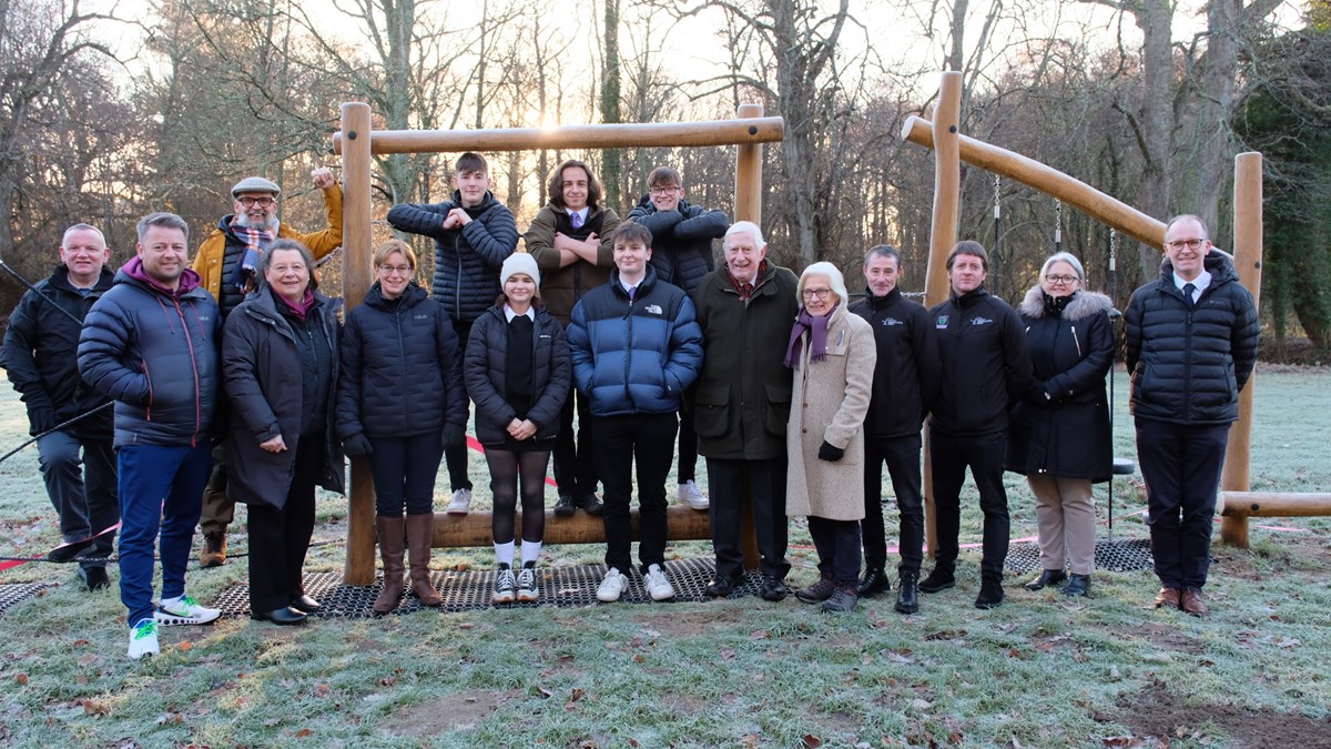 (l-R) Cllr Paul McBain, Forres Academy Principal Teacher of Physical Education and Leadership, Scott Fraser, Cllr Draeyk Van Der Horn, Forres Community Sports Hub chair Ann Rossiter, Moray Council Leader, Cllr Kathleen Robertson, Forres Academy pupils Lewis Mackenzie, Maija Jones, Isaac Swanson, Luk