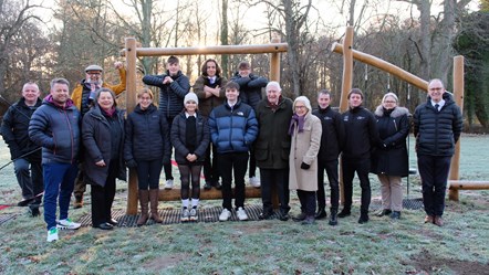 (l-R) Cllr Paul McBain, Forres Academy Principal Teacher of Physical Education and Leadership, Scott Fraser, Cllr Draeyk Van Der Horn, Forres Community Sports Hub chair Ann Rossiter, Moray Council Leader, Cllr Kathleen Robertson, Forres Academy pupils Lewis Mackenzie, Maija Jones, Isaac Swanson, Luke Hall, Josh Angell, Lord-Lieutenant of Moray, Major General Seymour Monro CBE LVO, Angela Monro, Moray Council Active Schools Coordinator Paul Rogan, Moray Council Principal Active Schools and Community Sport Officer, Roy McPherson, Forres Academy Head Teacher, Jan Sinclair, Moray Council's Senior Project Officer, Robin Paterson.