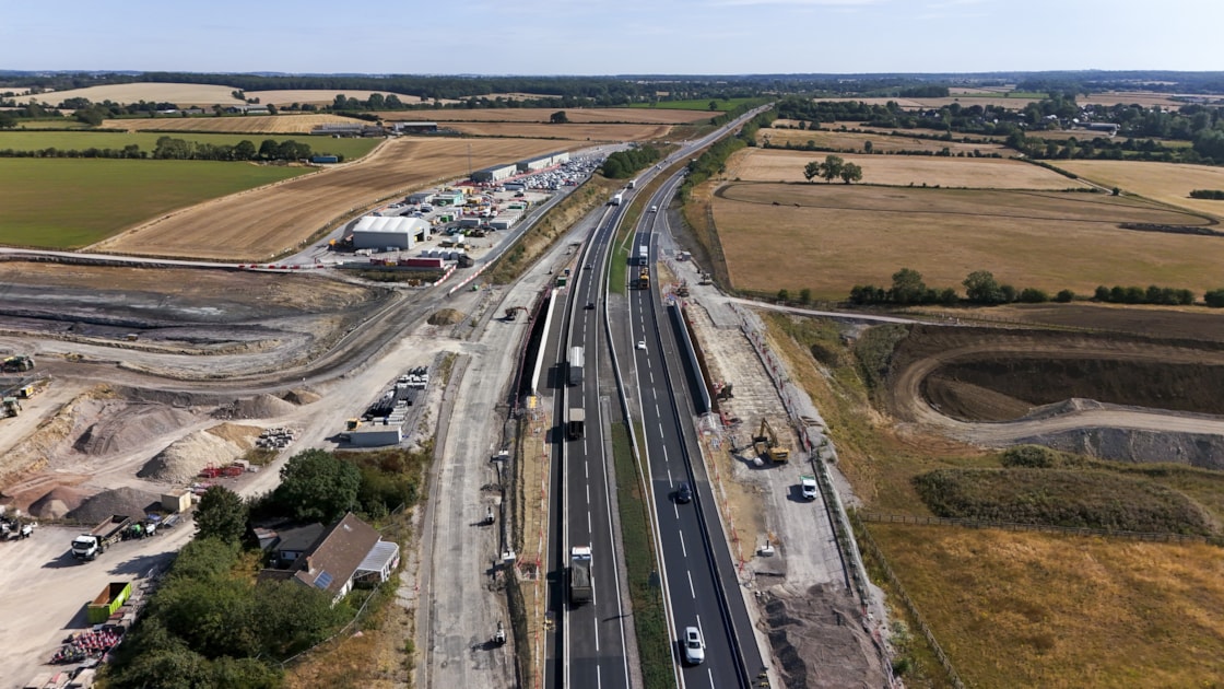 The A43 looking east, with the temporary carriageways on either side being removed July 2026