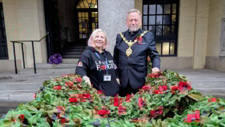 Rose Cook Monk from Dudley Remembers joins the Mayor of Dudley outisde Dudley Council House