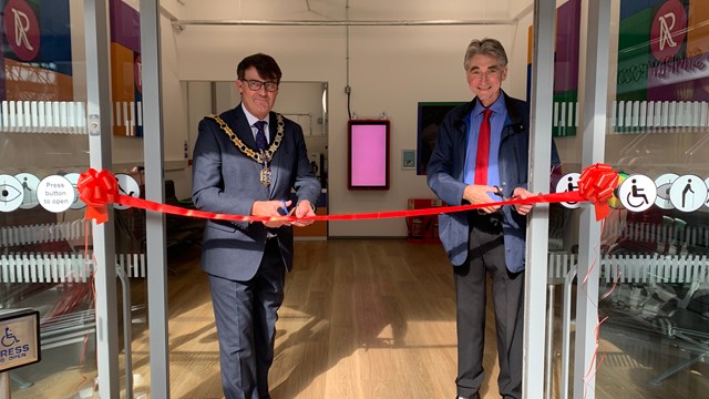Mayor of Reading, Councillor David Stevens (left) cuts the ribbon with Councillor Tony Page