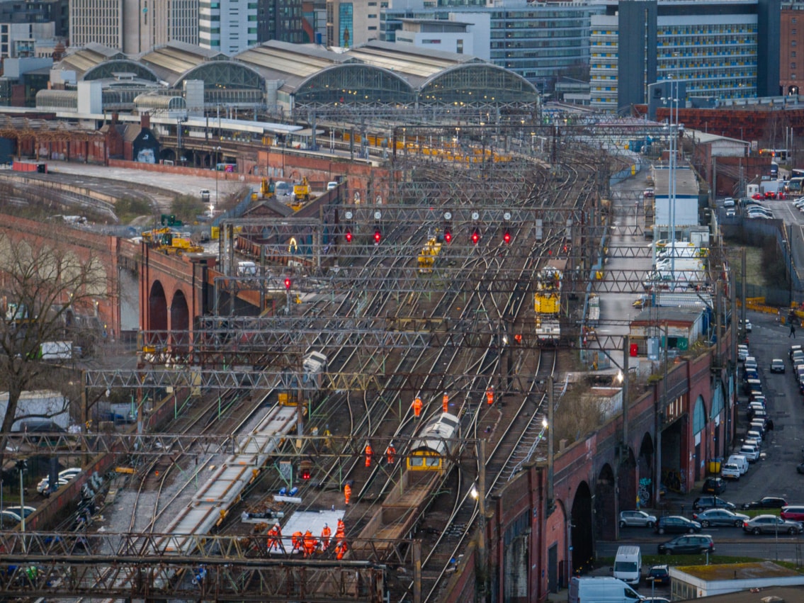 Aerial shot during Manchester Piccadilly track upgrades Feb 2026