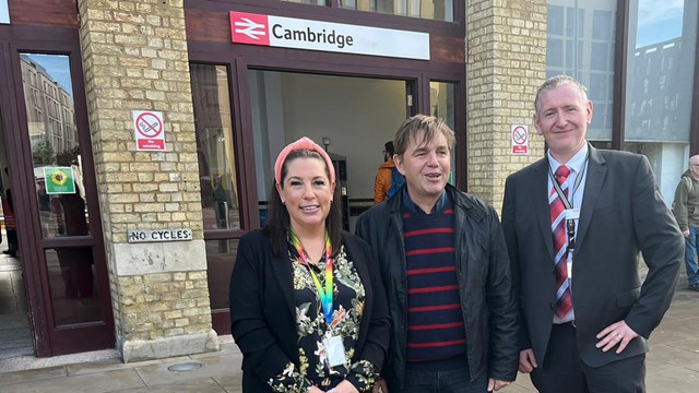 Mayor of Cambridgeshire & Peterborough tracks progress of railway improvements on tour of network: Arriving at Cambridge station. From left to right - Katie Frost, Network Rail Anglia route director; Dr Nik Johnson, Mayor of Cambridgeshire and Peterborough; Thomas Shannon, Network Rail Anglia route operations manager