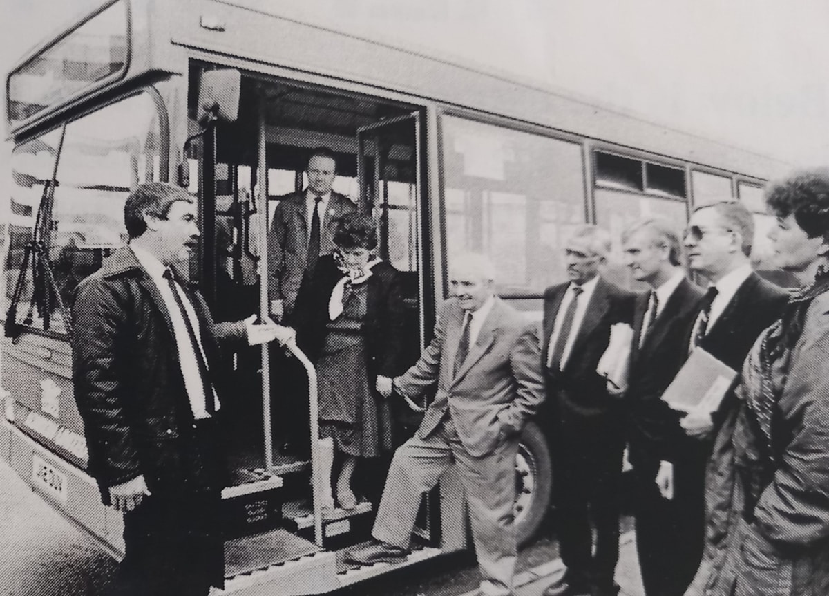 Kenny Beckers (on the bus) testing new buses for South Wales Transport in the 1990s