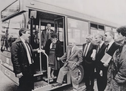 Kenny Beckers (on the bus) testing new buses for South Wales Transport in the 1990s