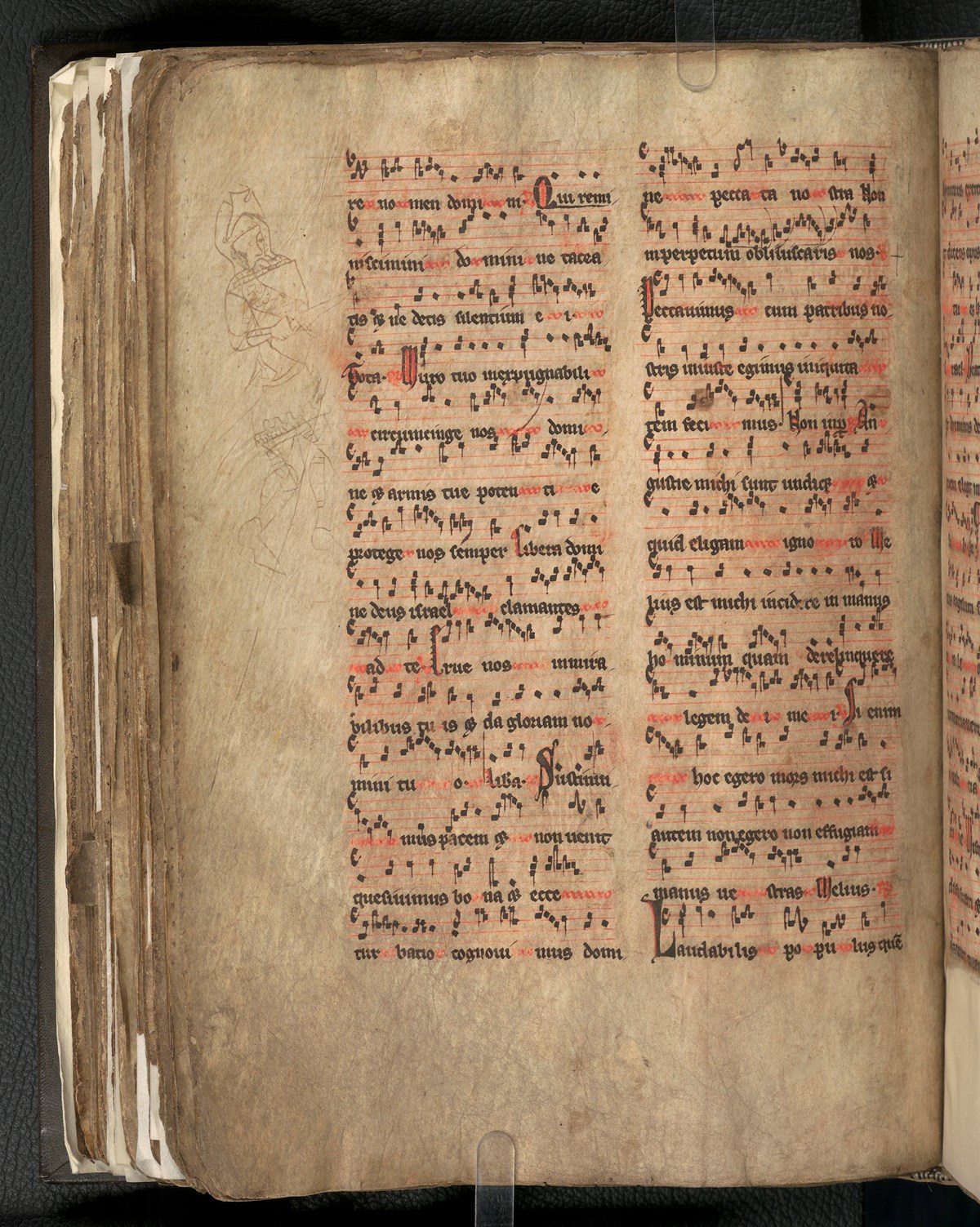 Many medieval manuscripts have drawings in the margins, which were added by others after the volume was finished. The Herdmanstoun Breviary, used in Scotland and written ca. 1300, has drawings and doodles of great historical interest.  They are rich in period detail and can be dated to 14th-century 