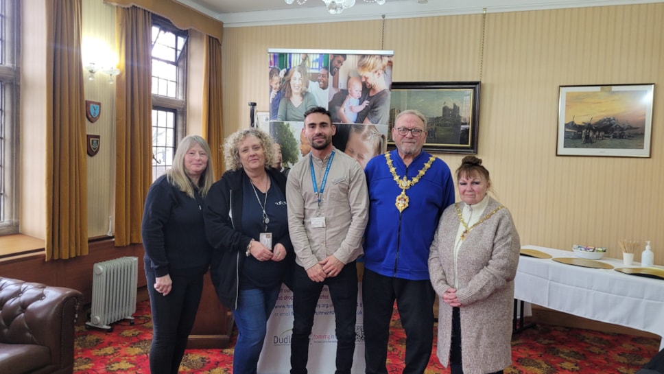 L to R foster carers Sue Betts and Dawn Campbell and fostering recruitment officer Andy Davies with Dudley’s Mayor and Mayoress