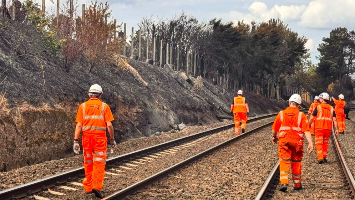 Rail passengers warned of ongoing disruption after major Stourbridge fire: Network Rail teams inspecting fire damage to the railway embankment