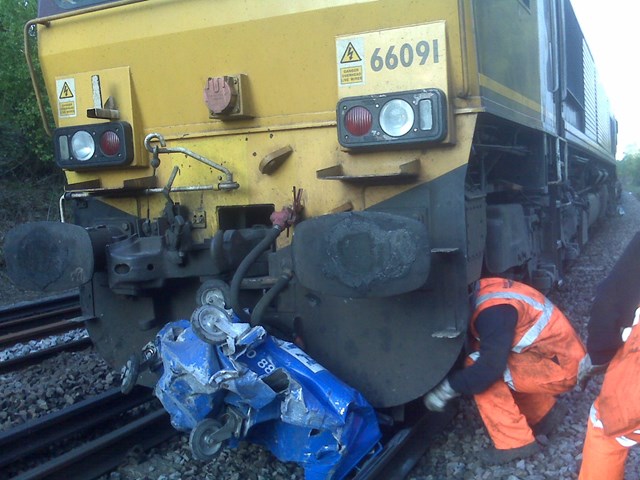 Industrial bin hit by freight train at Liphook station, Hampshire