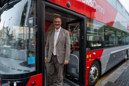 Deputy Minister for Transport Mark Hooper at the launch of 30 new TrawsCymru buses in Aberystwyth-10