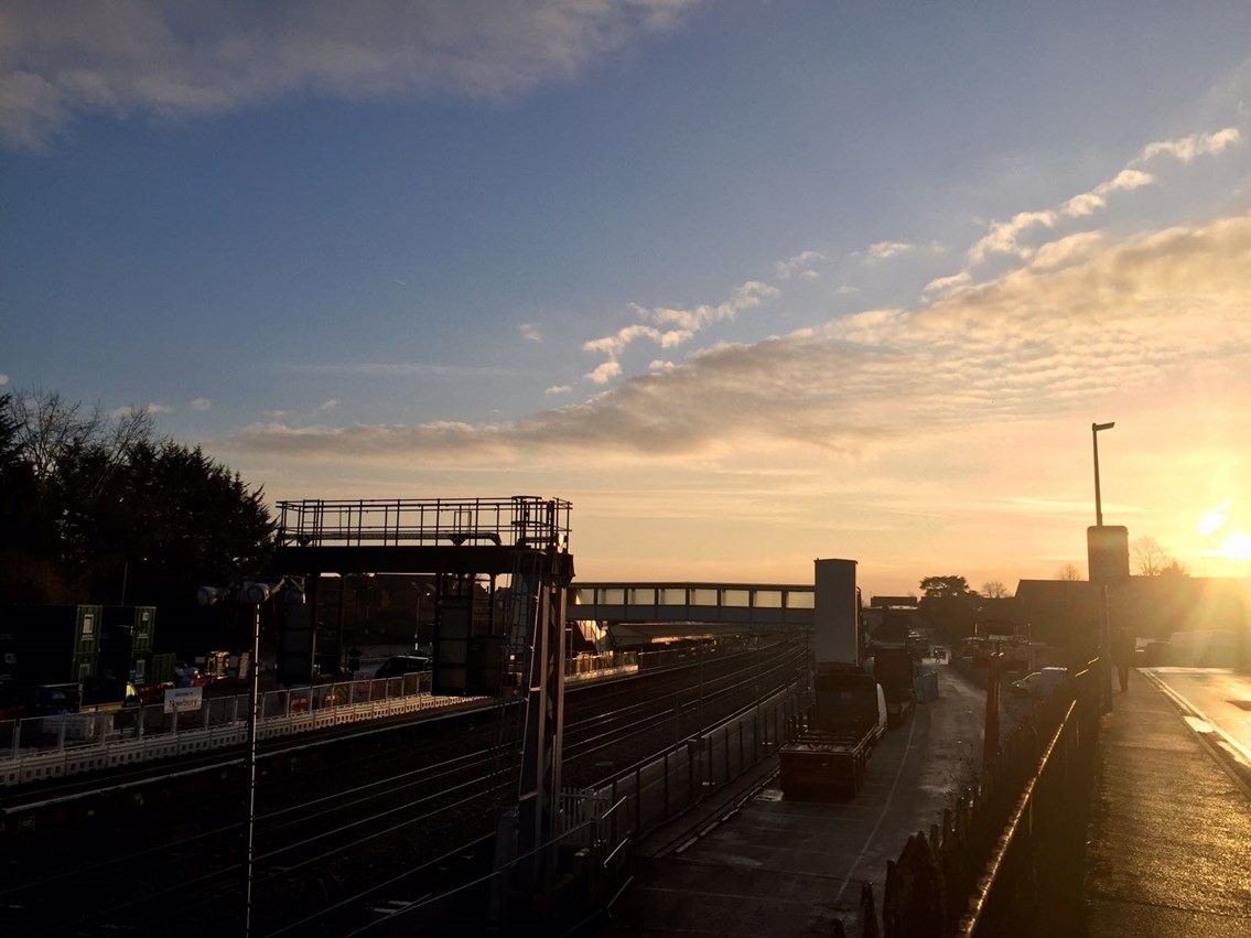 Team Orange complete major section of Reading to Newbury electrification on time: Newbury station sunrise