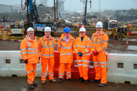 Martyn Woodhouse (MDJV), Dave Lock (HS2), West Midlands Mayor Richard Parker, Anne Shaw (TfWM), Huw Edwards (HS2)