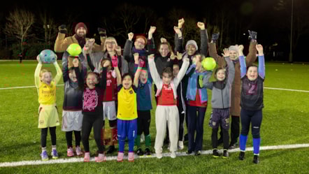 Cllr Dr Sara Hyde and Junction ward Cllrs with coaches and children at Whittington Park football pitch