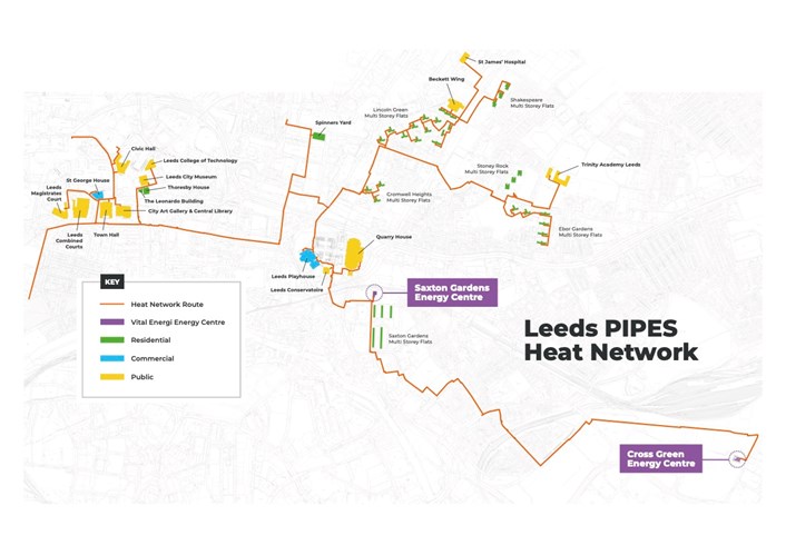 Leeds PIPES network (August 2023): Map showing the route of the Leeds PIPES low carbon district heating network and the buildings confirmed to be connecting as of August 2023