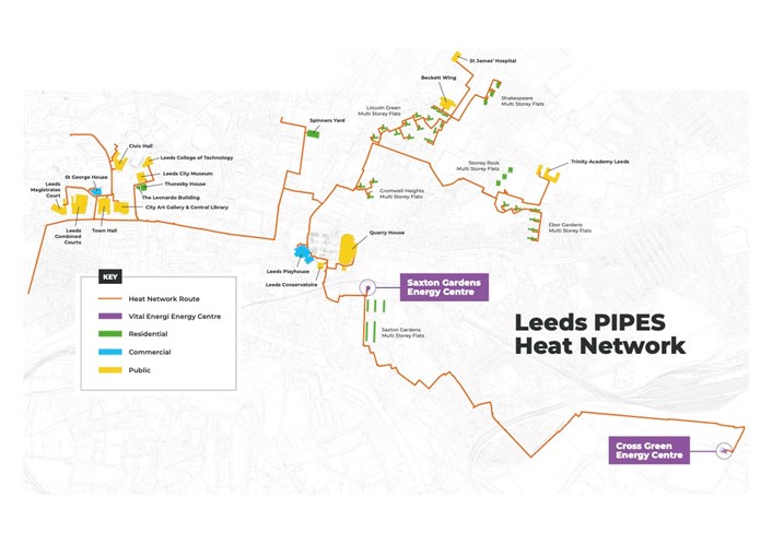 Plans to extend Leeds PIPES network into new areas of the city revealed, as four more buildings set to connect.: Leeds PIPES network (August 2023)