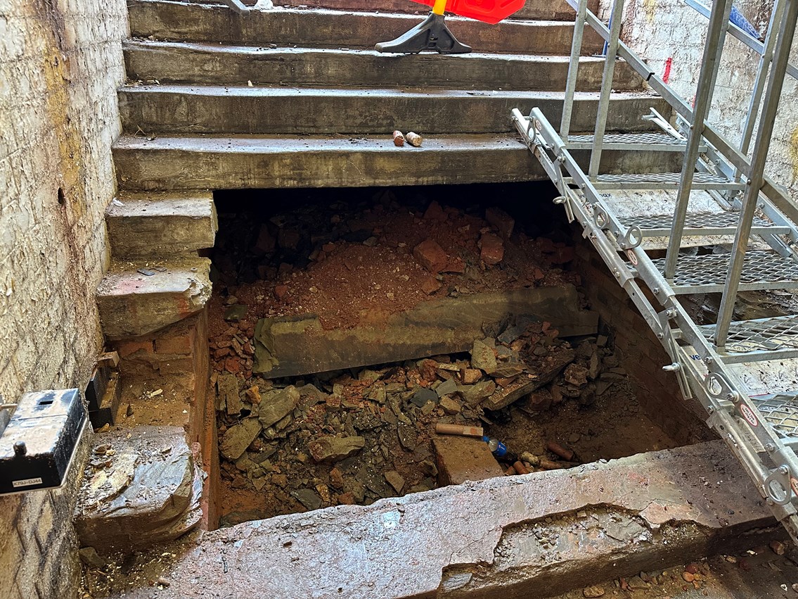 The unexpected foundations found after demolition of concrete subway steps at Warwick station