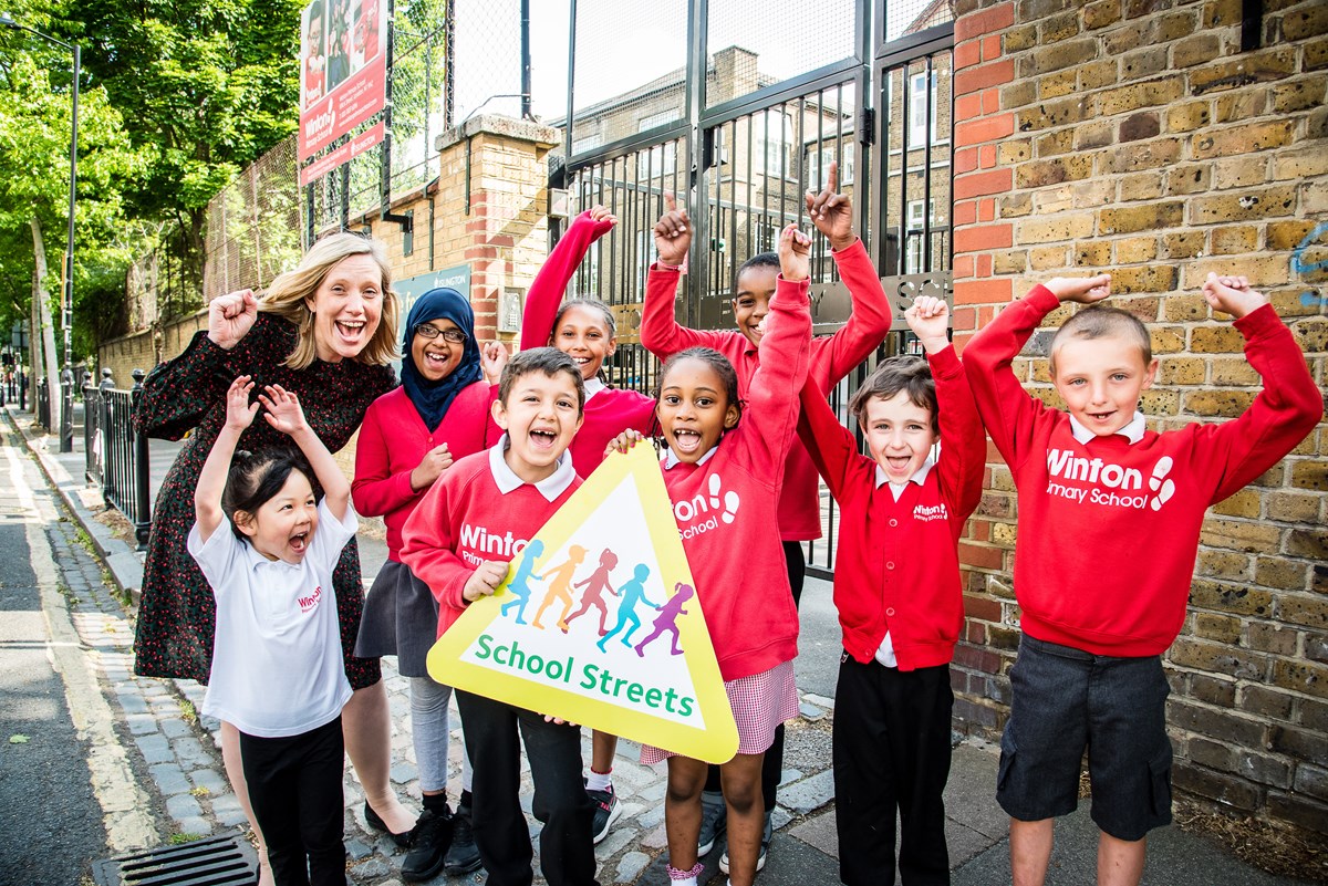 Pupils at Winton Primary School celebrate Islington’s 10th School Street, which was launched in June 2019