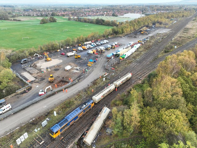 Aerial shot of the massive compound set up to recover derailed freight wagons