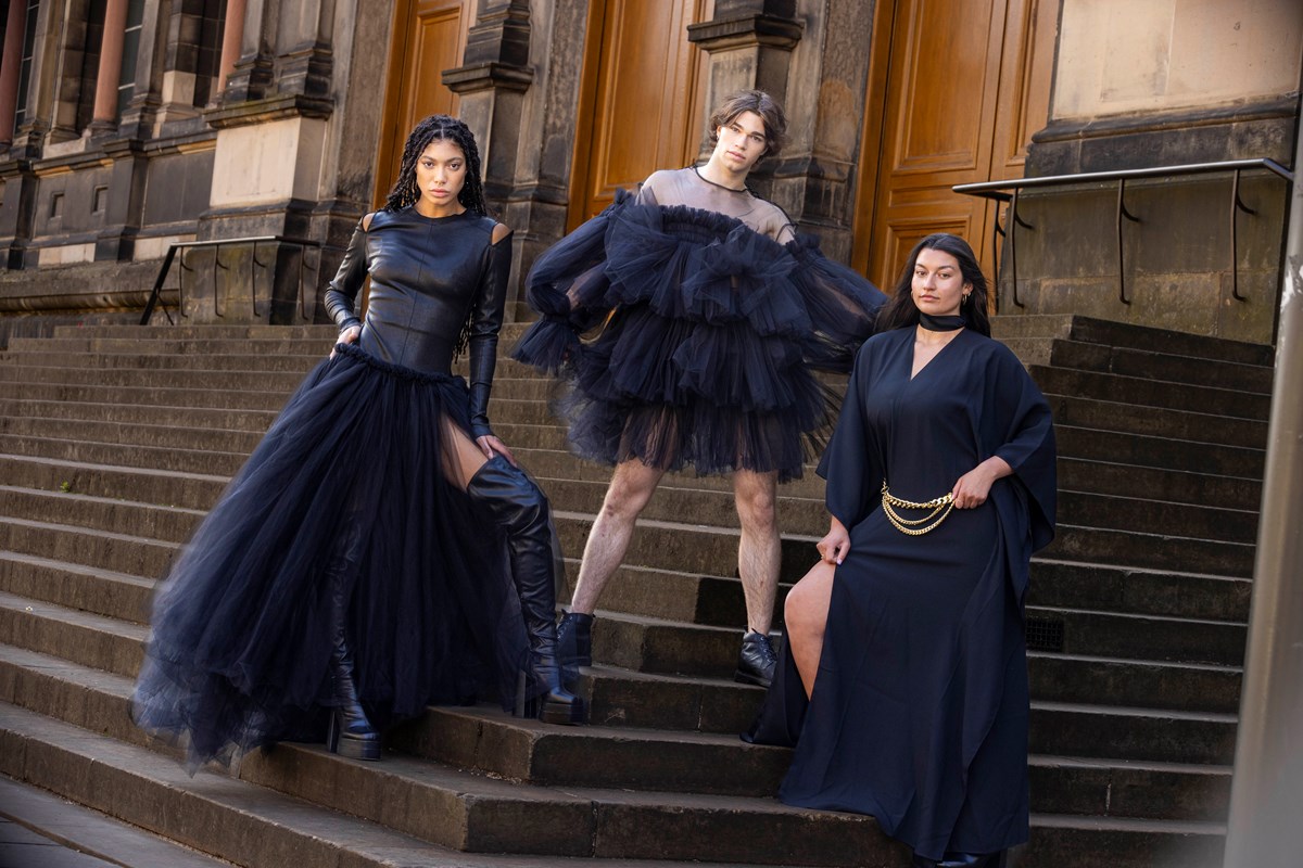 Models (L-R) Grace Dempsey, Joshua Cairns and Shannon Summers arrive at the National Museum of Scotland ahead of the opening of Beyond the Little Black Dress on  Saturday (1 July). The exhibition deconstructs an iconic wardrobe staple, examining the radical power of the colour black in fashion. Image copyright Duncan McGlynn.-2