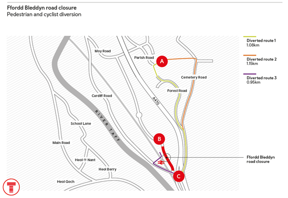 Ffordd Bleddyn road closure pedestrian and cycle diversion-2