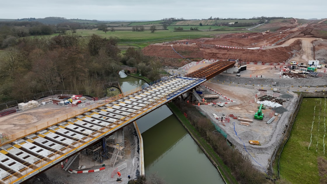 HS2 engineers install the Longhole Viaduct over the Grand Union Canal