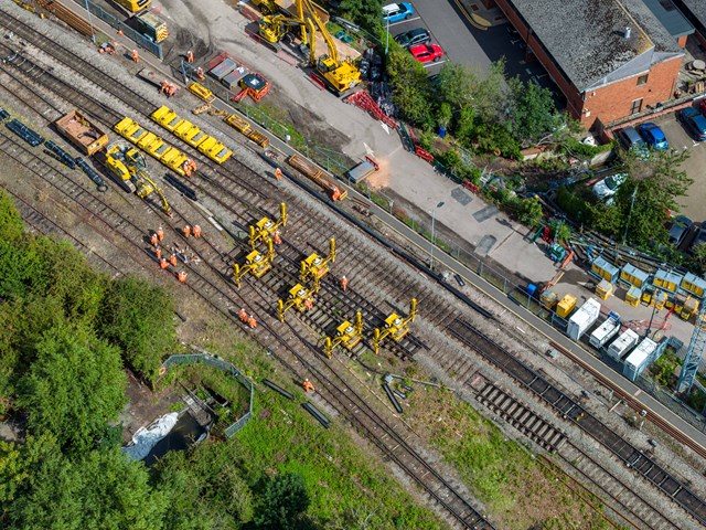 Drone shot of the track being removed ahead of Aylesbury culvert upgrade: Drone shot of the track being removed ahead of Aylesbury culvert upgrade
