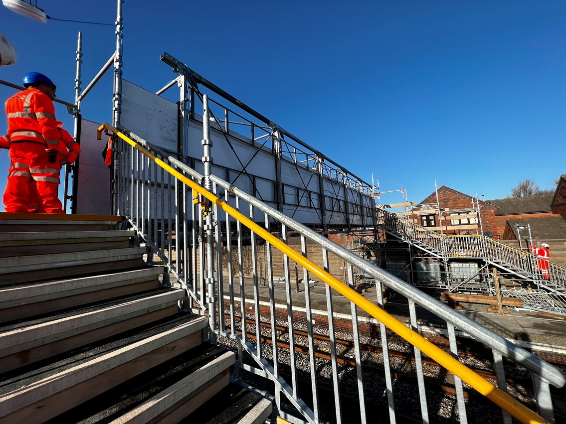 Bridlington station's temporary footbridge took just a week to build - photo taken during construction on 31 January 2023