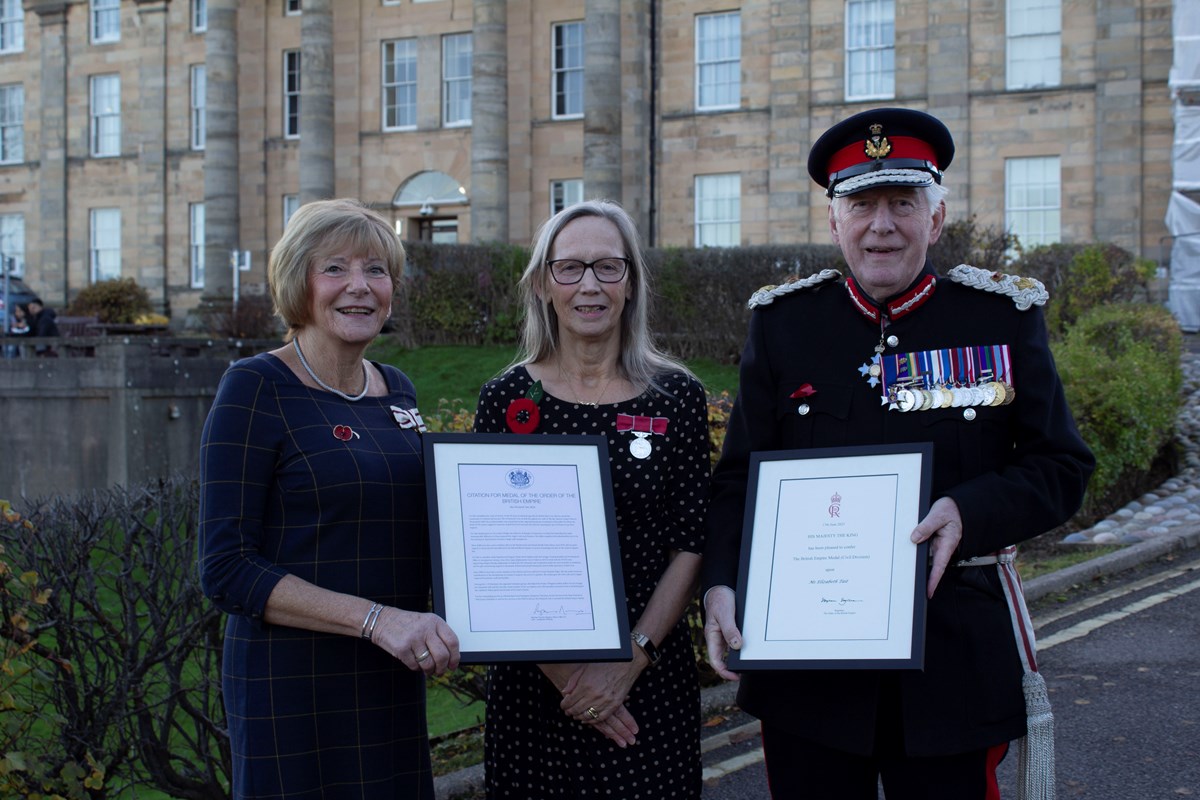 Liz Tait (centre) with Margaret Stenton, Deputy Lord-Lieutenant of Moray, and Moray’s Lord-Lieutenant, Major General Seymour Monro CBE LVO.