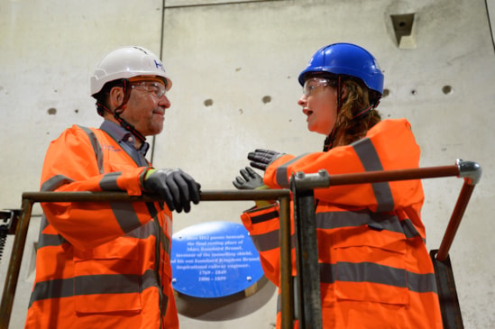 HS2 CEO Mark Wild and Director of the Brunel Museum install plaque in the Euston Tunnel here HS2 passes underneath the tomb of Sir Marc Brunel and his son Isambard Brunel: HS2 CEO Mark Wild and Director of the Brunel Museum install plaque in the Euston Tunnel here HS2 passes underneath the tomb of Sir Marc Brunel and his son Isambard Brunel