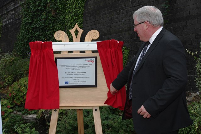 Secretary of State Patrick McLoughlin unveils a plaque at Eccles Station: Secretary of State Patrick McLoughlin unveils a plaque at Eccles Station, commemorating the electrification work on the world's oldest public railway