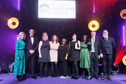 The Reading Borough Council Housing team, including Cllr Ellie Emberson (4th left), with awards host Sally Phillips (left) and David Cleary, Head of Housing at Lloyds Banking Group (2nd left)