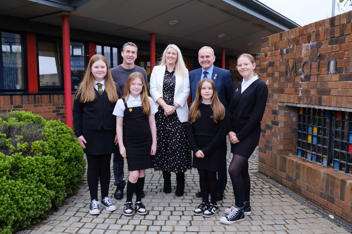 A warm welcome by school captains -Macie, Laikynn, Cara and Emma P7 with Cllrs McMahon and Barton, and Head Teacher Claire McPhail