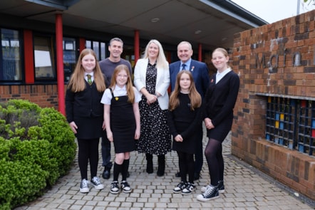 A warm welcome by school captains -Macie, Laikynn, Cara and Emma P7 with Cllrs McMahon and Barton, and Head Teacher Claire McPhail