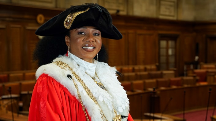 The Lord Mayor of Leeds 2024-25-2: Lord Mayor of Leeds Councillor Abigail Marshall Katung in ceremonial red and white robe and gold chains