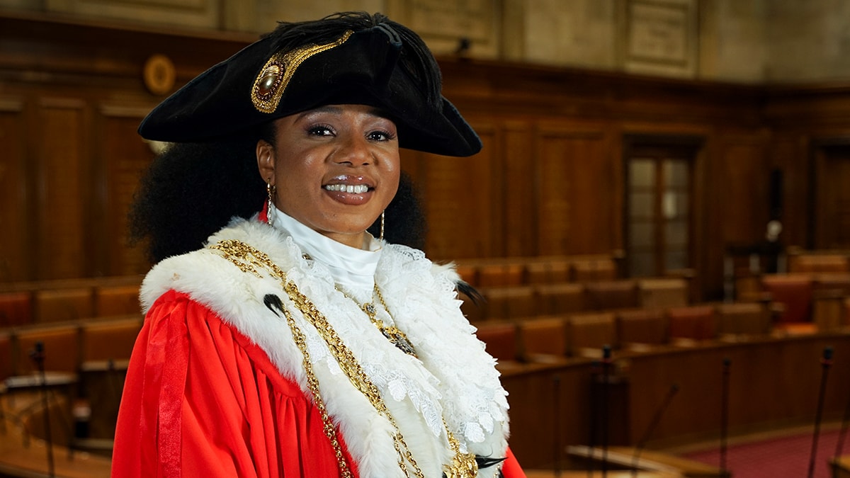 The Lord Mayor of Leeds 2024-25-2: Lord Mayor of Leeds Councillor Abigail Marshall Katung in ceremonial robe and chains