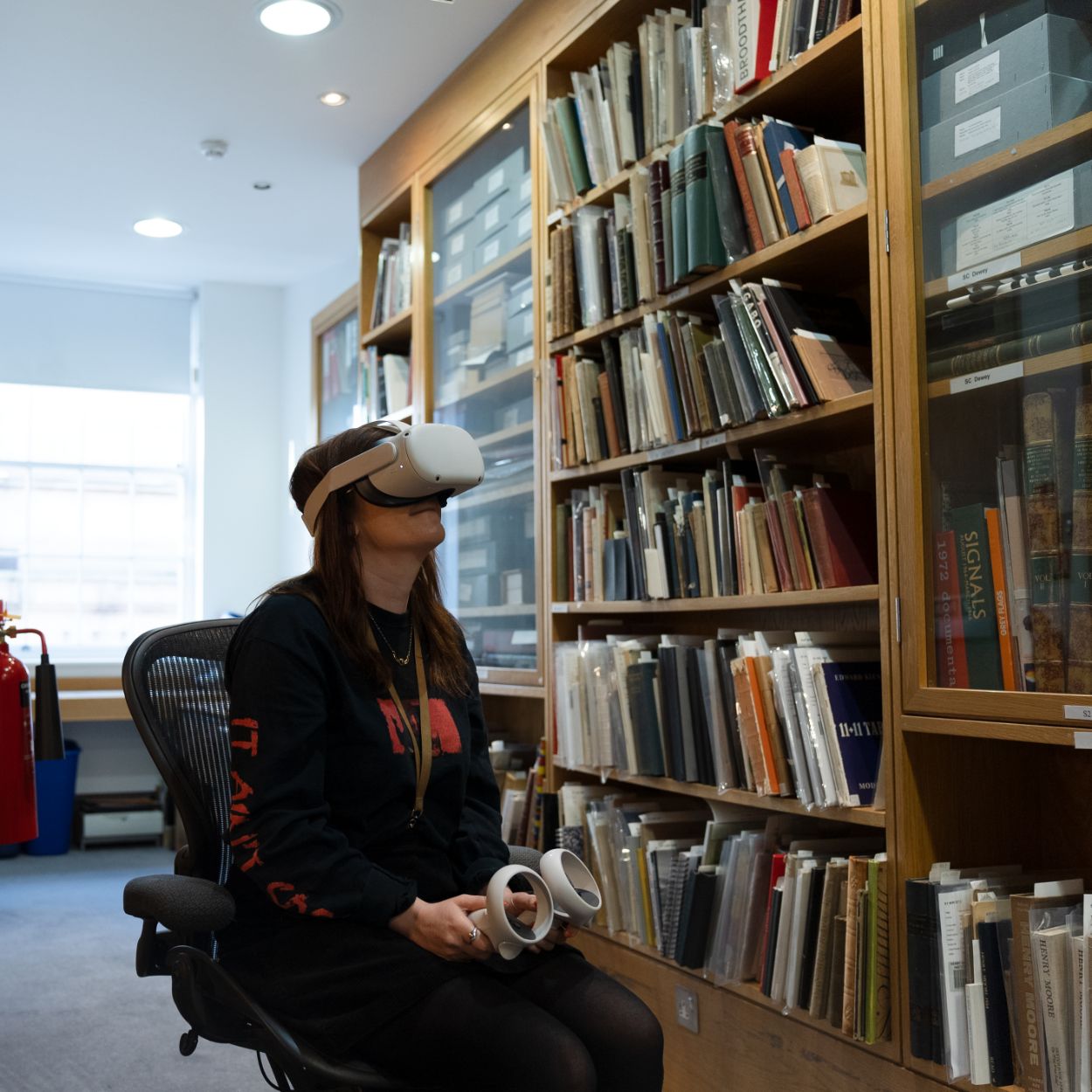 Neville Street VR: Errin Hussey, an archivist with Leeds Museums and Galleries tries out the newly digitised, VR version of A Light and Sound Transit by Berlin-based artist, sound sculptor and composer Hans Peter Kuhn.