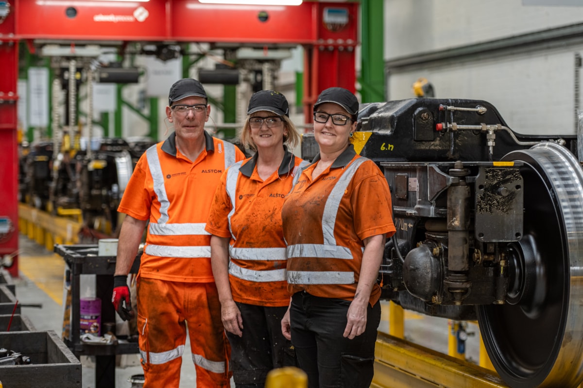 (Left to Right): Glenn Pearson, Karen Shaw, and Danni Knott, are part of the team of 35 people who are dedicated to the Avanti West Coast Pendolino bogie overhaul project at Alstom's facility in Crewe.