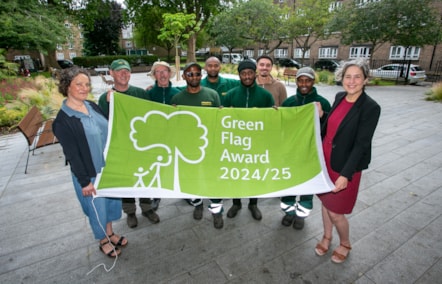 Mayor of Hackney, Caroline Woodley (right) and Cllr Sarah Young, Green Infrastructure Champion (right) with Hackney parks staff after the Green Flag awards were announced