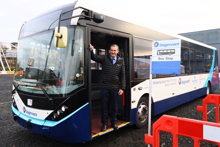 Cabinet Secretary for Transport, Infrastructure and Connectivity Michael Matheson trialling the new autonomous bus